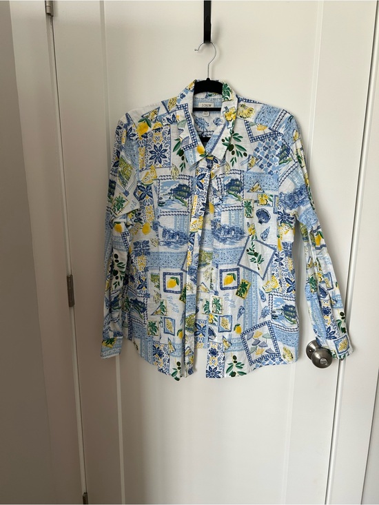 J. Crew Tops - J. Crew Blue, Yellow and White Patchwork Print Button-Down Shirt
